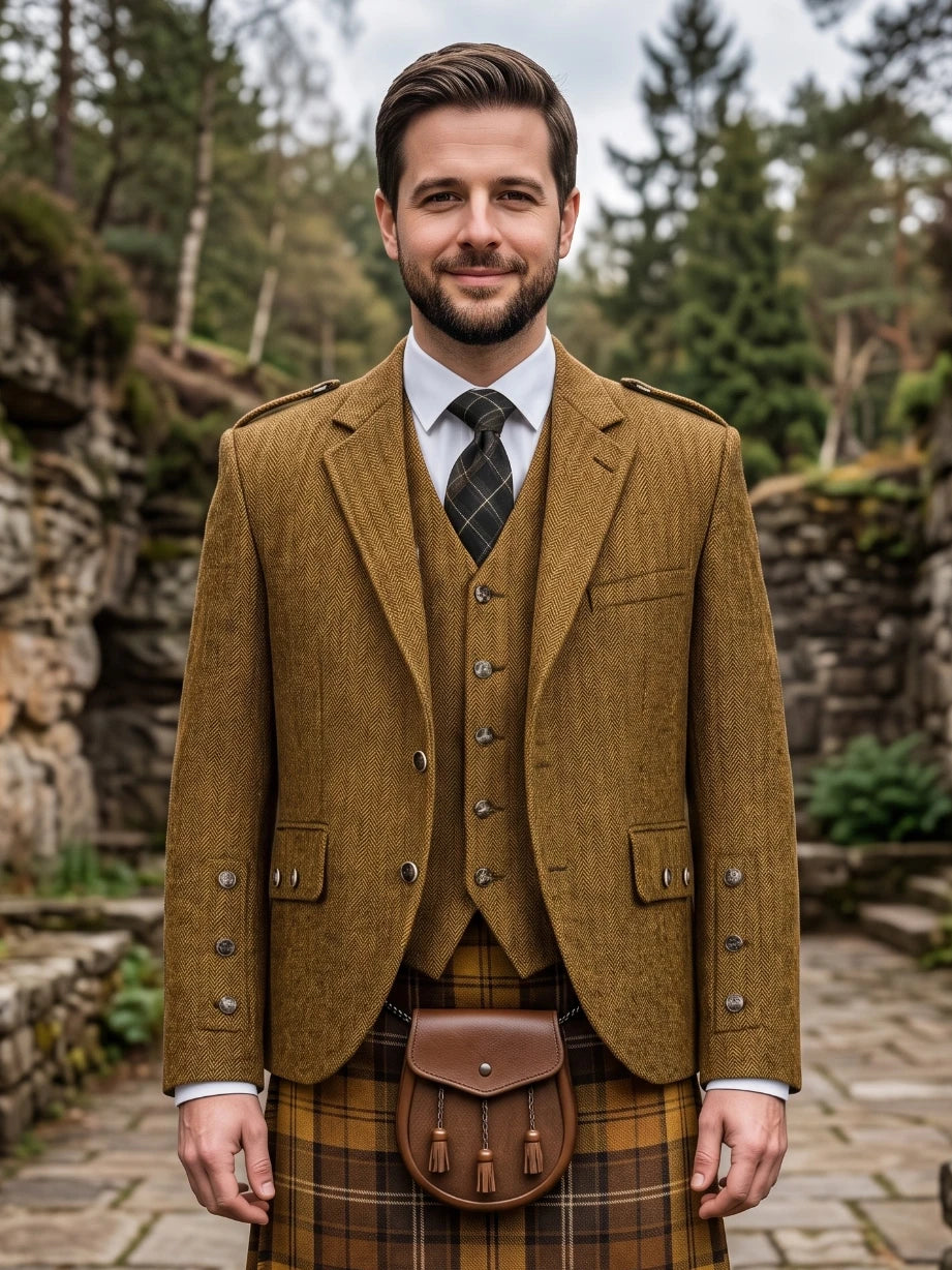 Veste Kilt Argyle en Tweed Jaune Moutarde avec Gilet