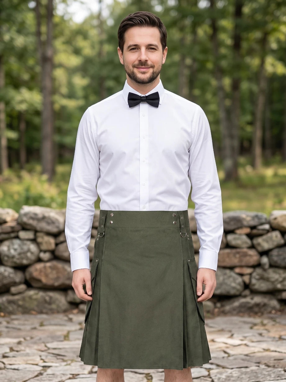 Kilt utilitaire décontracté vert olive sur mesure