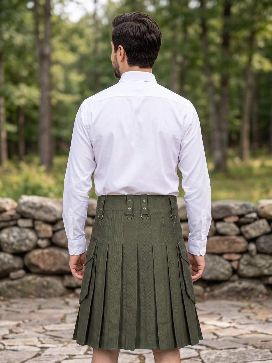 Kilt utilitaire décontracté vert olive sur mesure