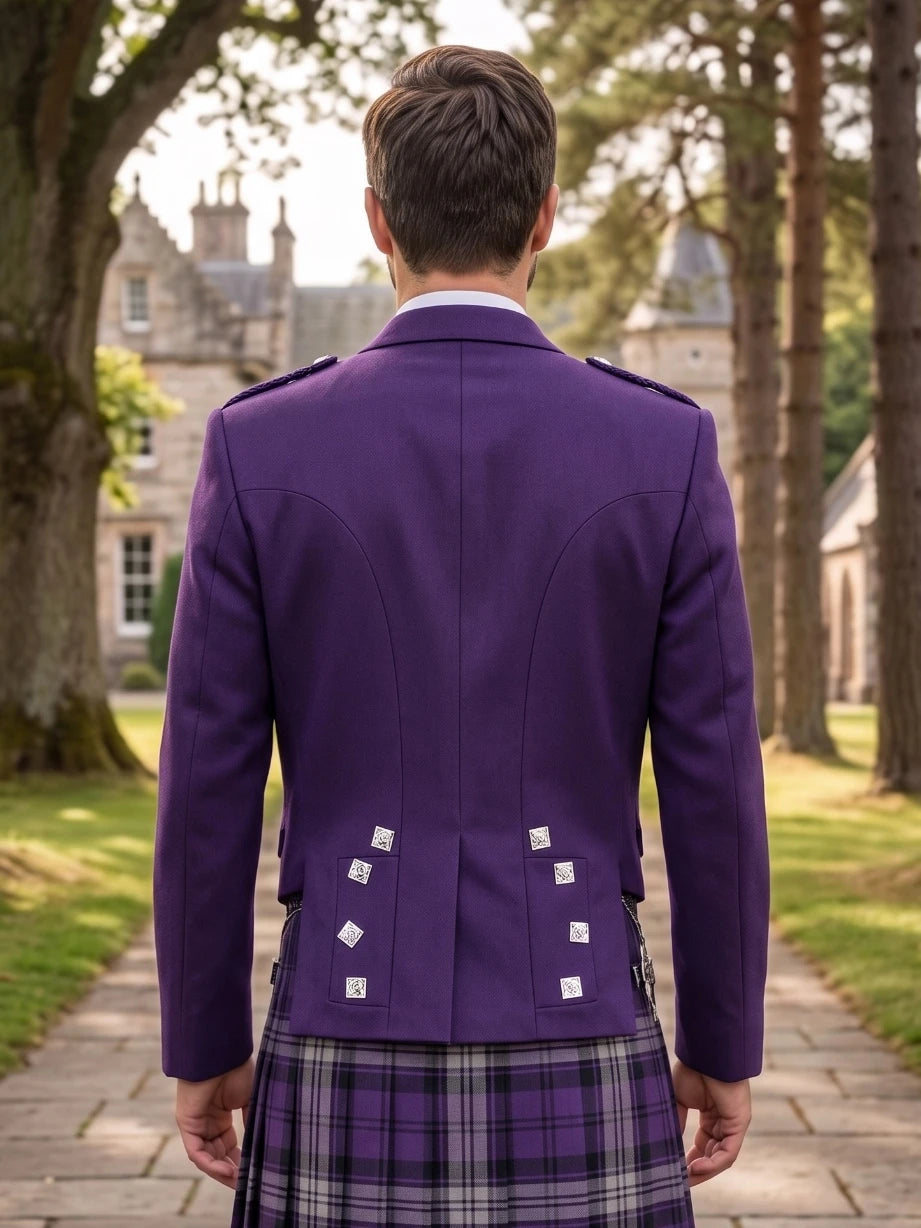 Purple Prince Charlie Kilt Jacket with Satin Lapels & Silver Square Buttons