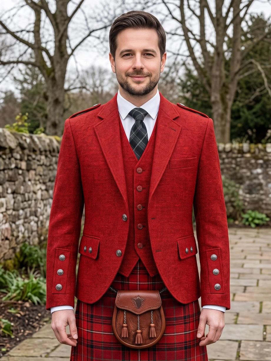 Veste Kilt Argyle en Tweed Rouge avec Gilet