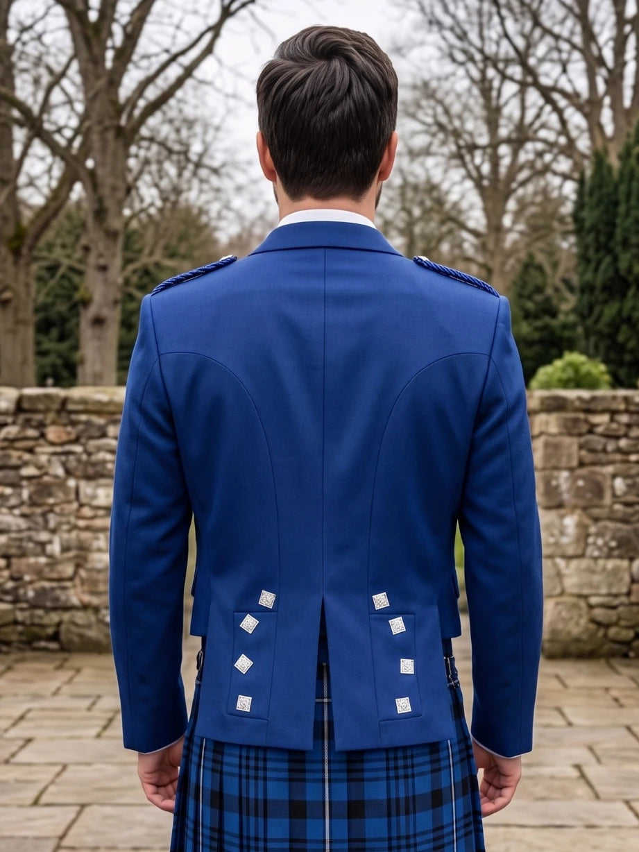 Veste Kilt Prince Charlie Bleu Royal avec Revers en Satin et Boutons Carrés Argentés