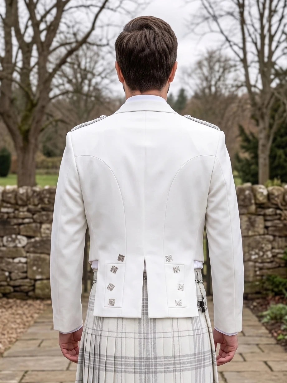 Veste Prince Charlie Blanche avec Revers en Satin et Boutons Carrés Argentés