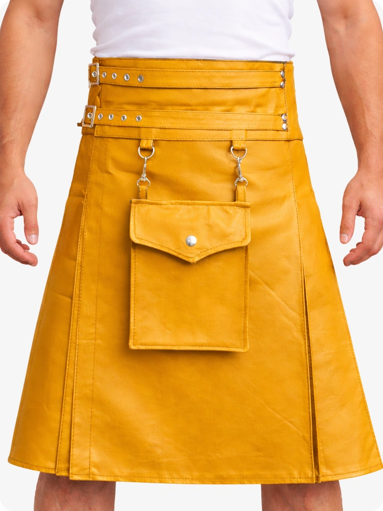 Mustard Yellow Leather Utility Kilt with Front Pocket & Adjustable Buckle Straps