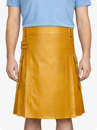 Mustard Yellow Genuine Leather Utility Kilt with Side Pockets
