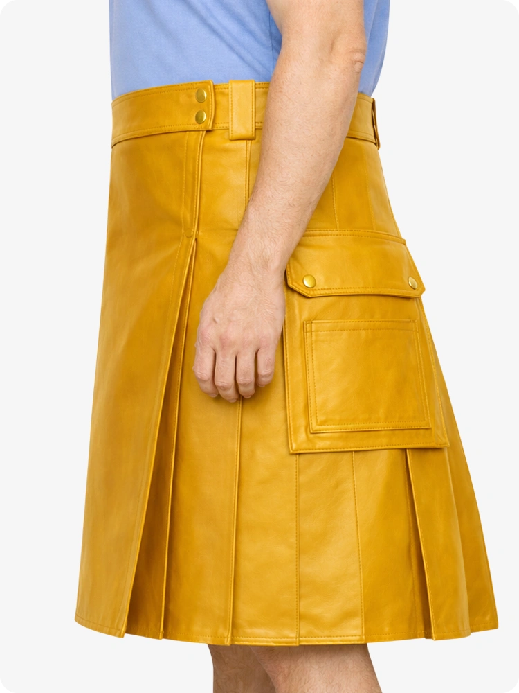 Mustard Yellow Genuine Leather Utility Kilt with Side Pockets