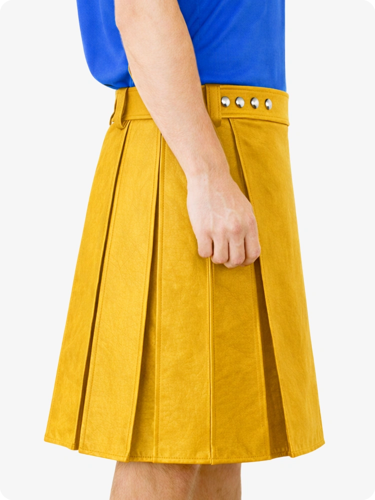 Kilt utilitaire en cuir véritable jaune moutarde avec ceinture cloutée