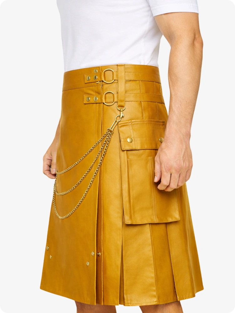 Mustard Yellow Leather Utility Kilt with Chain Detailing & Adjustable Straps