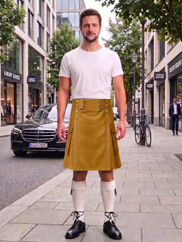 A man stands on a city sidewalk wearing a white crew-neck t-shirt and a mustard yellow corduroy kilt with silver metal accents, paired with white knee-high socks and black leather shoes.
