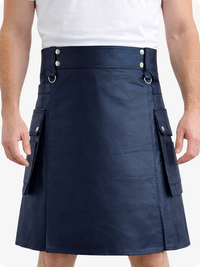Navy Blue Genuine Leather Utility Kilt with Cargo Pockets & D-Rings