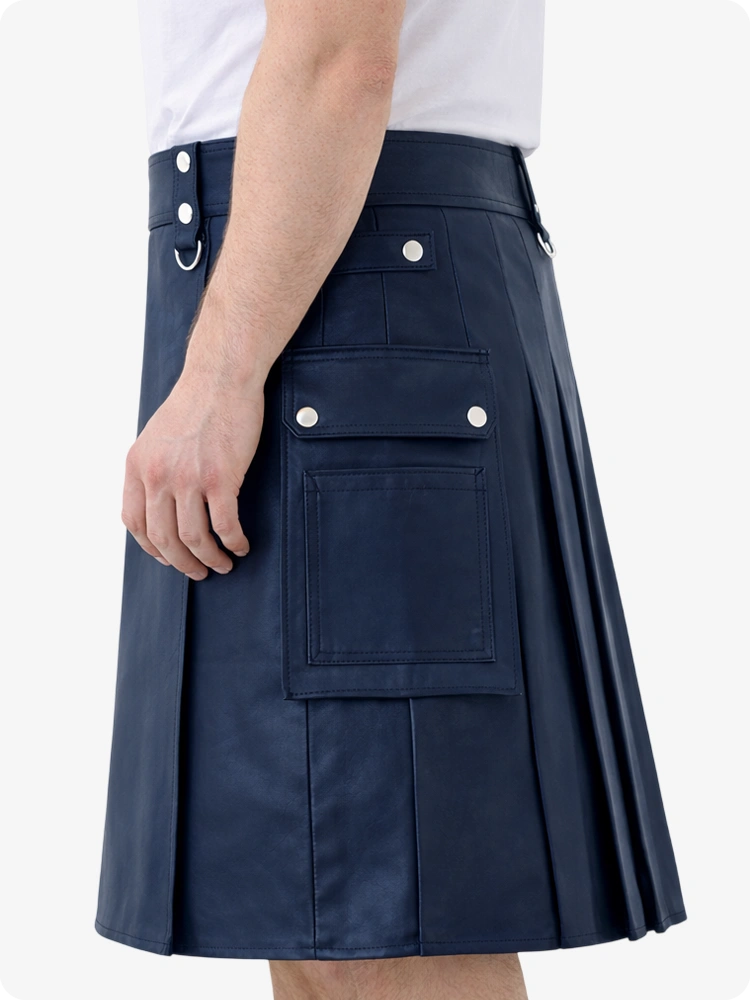 Navy Blue Genuine Leather Utility Kilt with Cargo Pockets & D-Rings