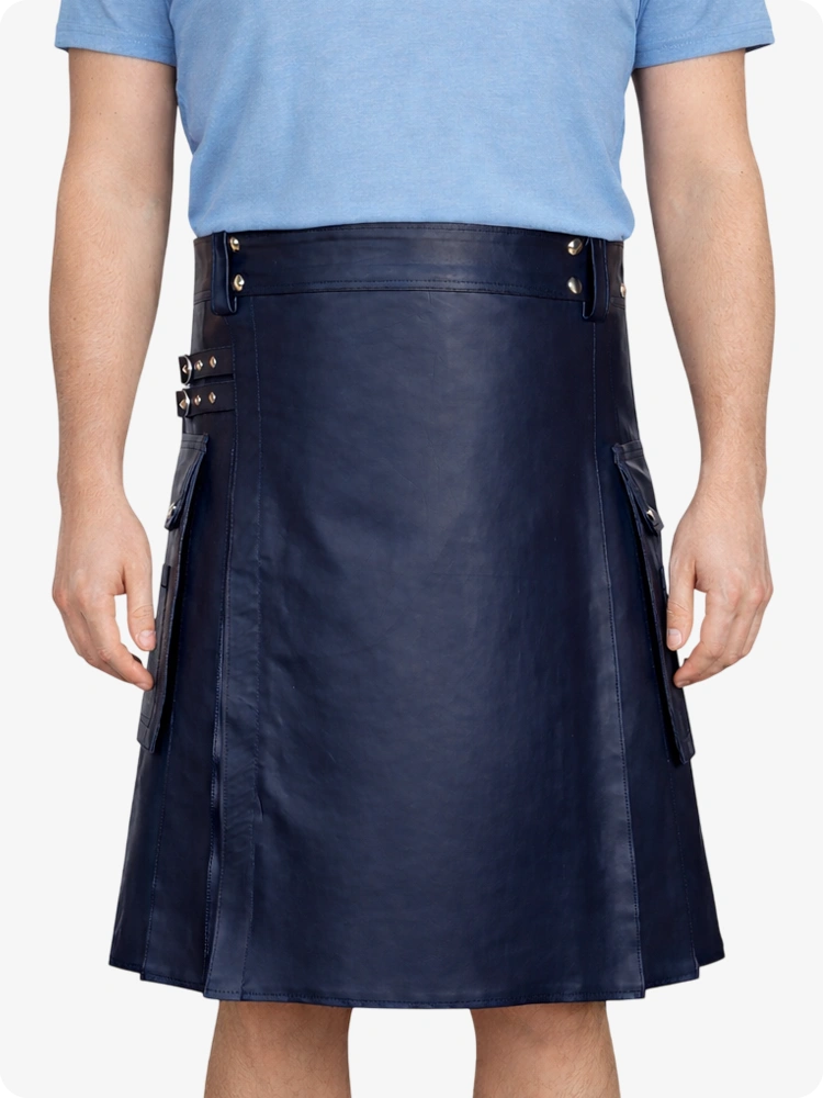 Navy Blue Genuine Leather Utility Kilt with Side Pockets