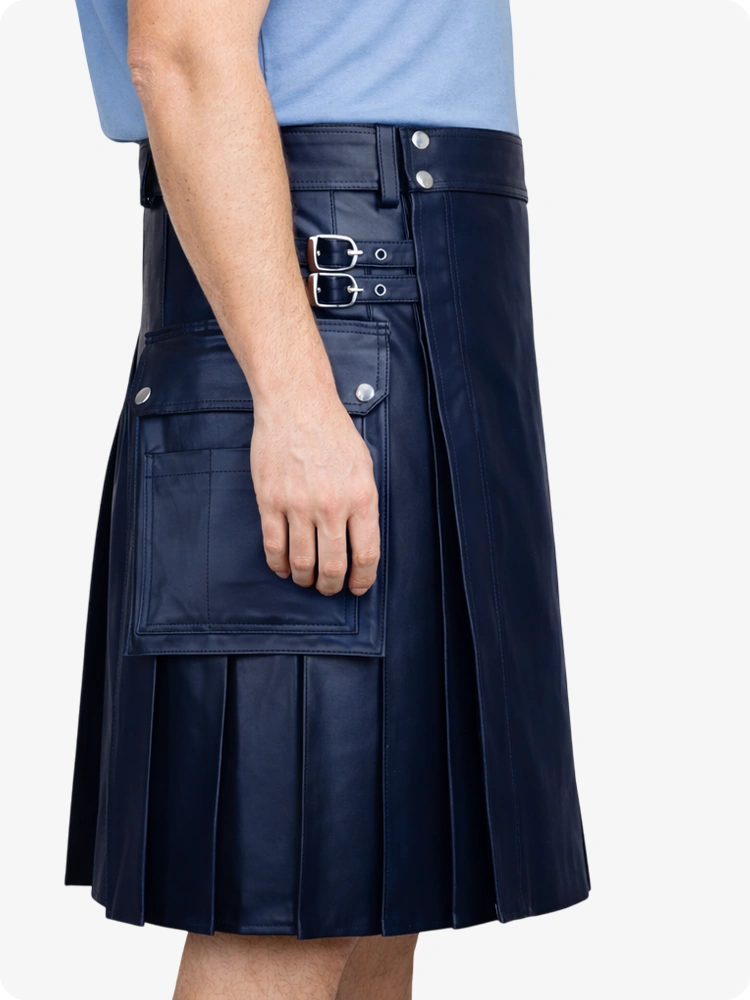Navy Blue Genuine Leather Utility Kilt with Side Pockets