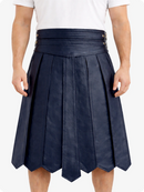 Navy pleated skirt worn by a person on a white background