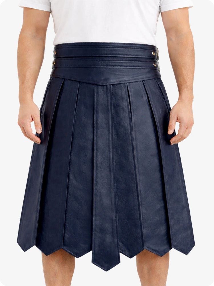 Navy Blue Leather Highland Kilt Adjustable Buckle Waist & Classic Pleats