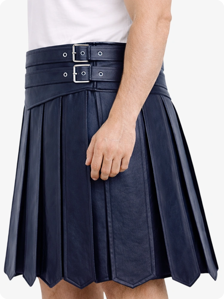 Navy Blue pleated skirt with a belt on a white background