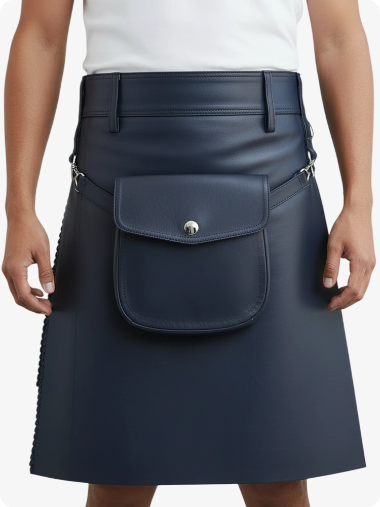 Kilt en cuir plissé bleu marine avec passants de ceinture et sangles latérales
