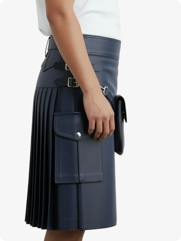 Kilt en cuir plissé bleu marine avec passants de ceinture et sangles latérales