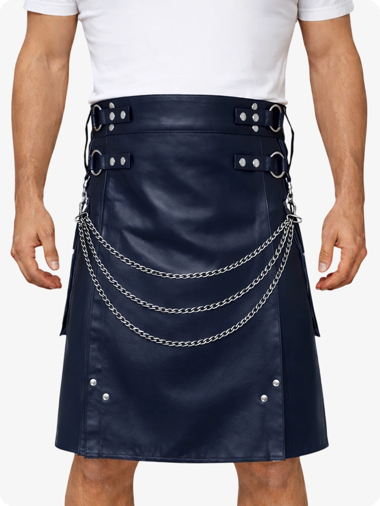 Navy Blue Leather Utility Kilt with Chain Detailing & Adjustable Straps