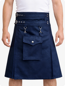Navy blue kilt with silver hardware on a white background