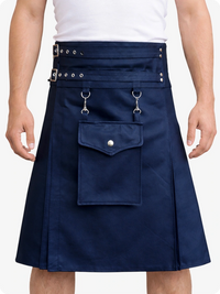Navy blue kilt with silver hardware on a white background
