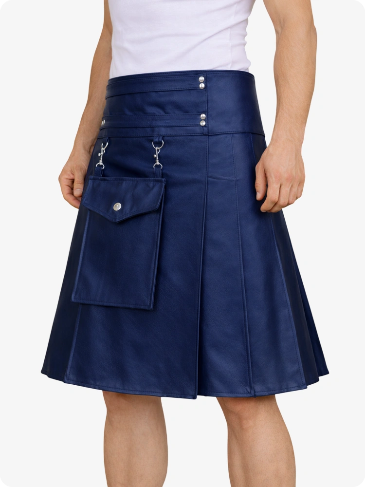 Navy Blue skirt with pockets and buttons on a white background