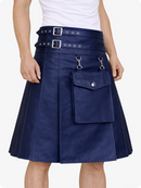 Navy blue kilt with silver buckles and hardware on a white background