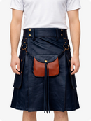 Navy kilt with brown leather pouch worn by a person on a white background