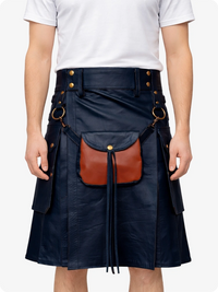 Navy kilt with brown leather pouch worn by a person on a white background