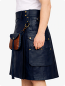 Navy Blue leather kilt with gold buttons and a brown leather pouch on a white background