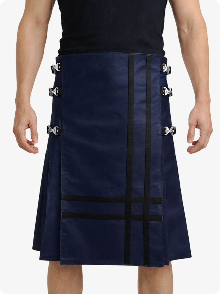 Navy Blue Leather Utility Kilt with Side Buckles & Pleated Back