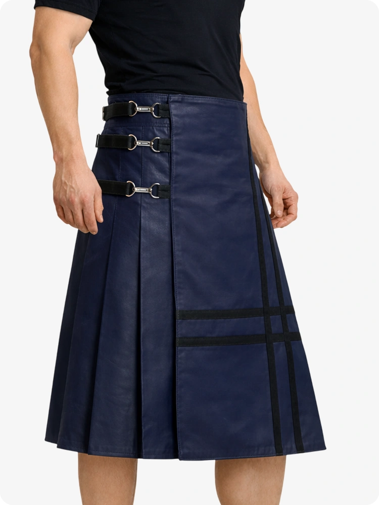 Navy Blue Leather Utility Kilt with Side Buckles & Pleated Back