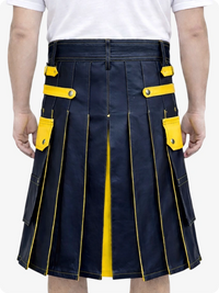 Navy Blue Leather Utility Kilt with Yellow Accents & Detachable Pockets