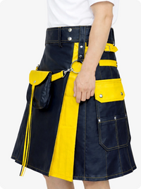 Navy Blue Leather Utility Kilt with Yellow Accents & Detachable Pockets