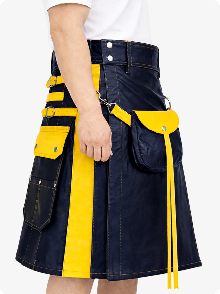 Navy Blue Leather Utility Kilt with Yellow Accents & Detachable Pockets