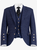 Navy blue suit with gold buttons on a white background