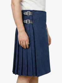 Blue pleated skirt with belt on a white background