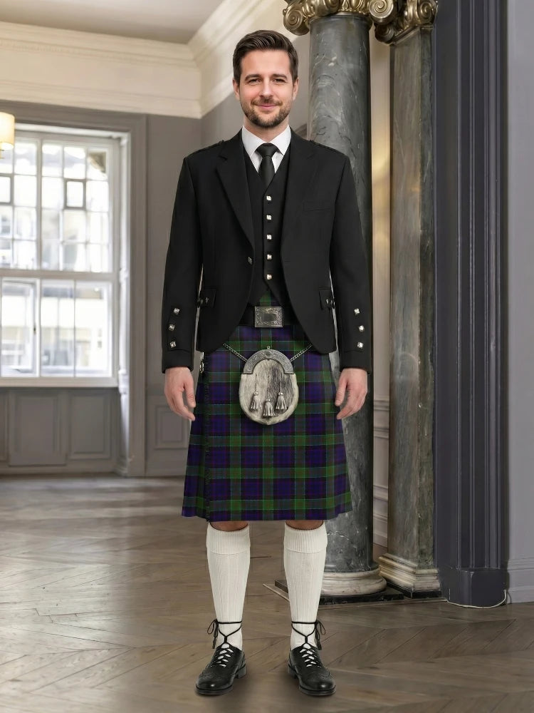 Man wearing a traditional Scottish kilt in an elegant interior setting