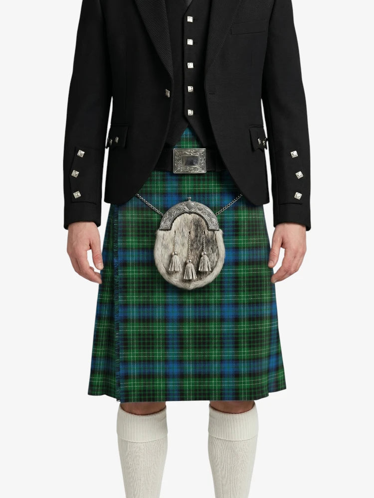 Person wearing a green plaid kilt with a black jacket on a white background