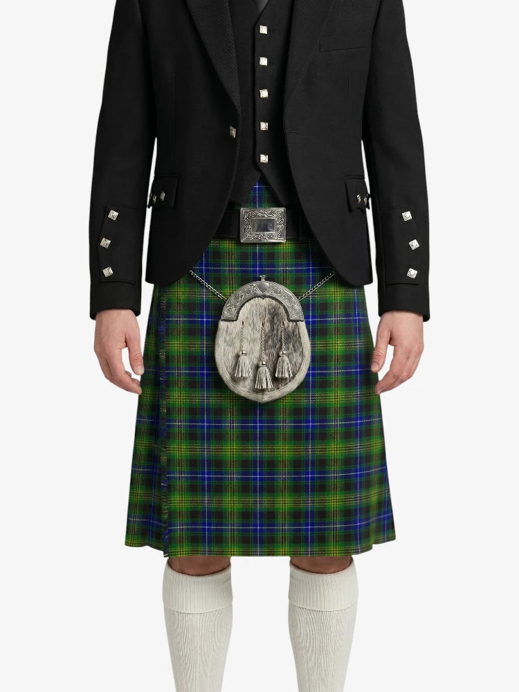 Person wearing a black jacket, green plaid kilt, and white socks on a white background