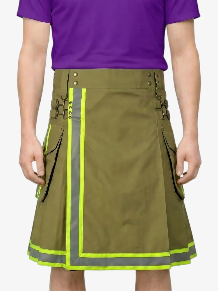 Kilt Pompier Vert Olive avec Bord Réfléchissant
