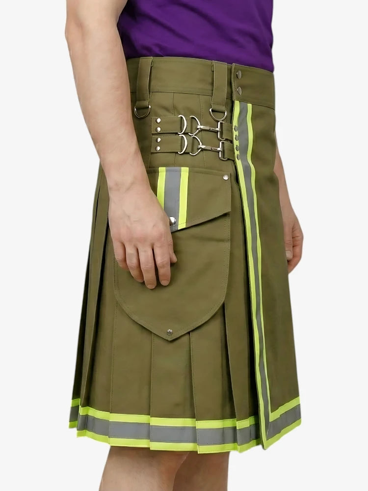 Kilt Pompier Vert Olive avec Bord Réfléchissant