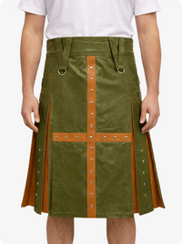 Olive Green kilt with brown accents worn by a person on a white background