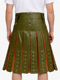 Olive Green pleated skirt with brown accents worn by a person on a white background