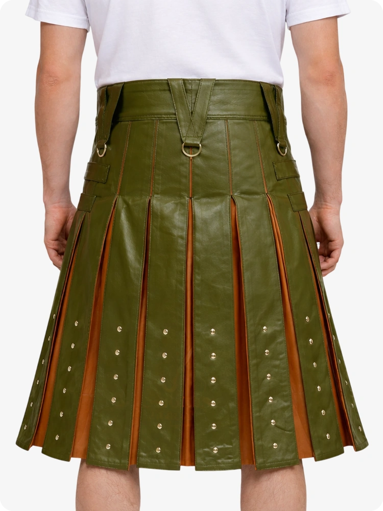Olive Green pleated skirt with brown accents worn by a person on a white background