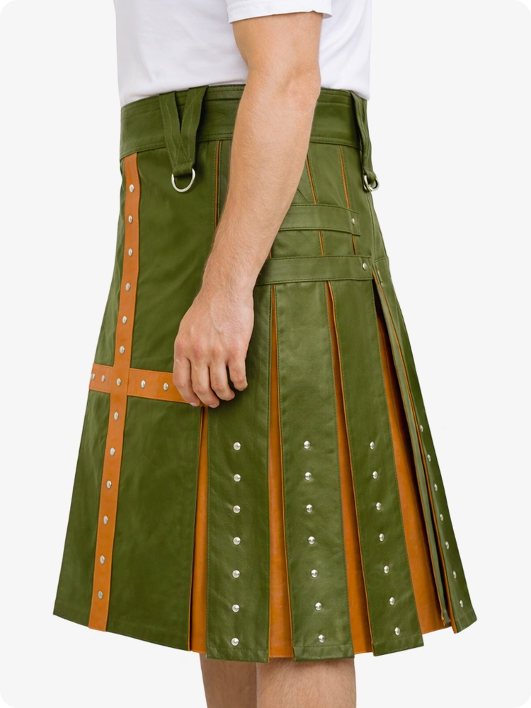 Olive Green kilt with brown accents on a white background