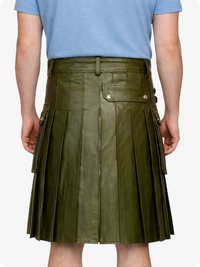 Olive Green Genuine Leather Utility Kilt with Side Pockets