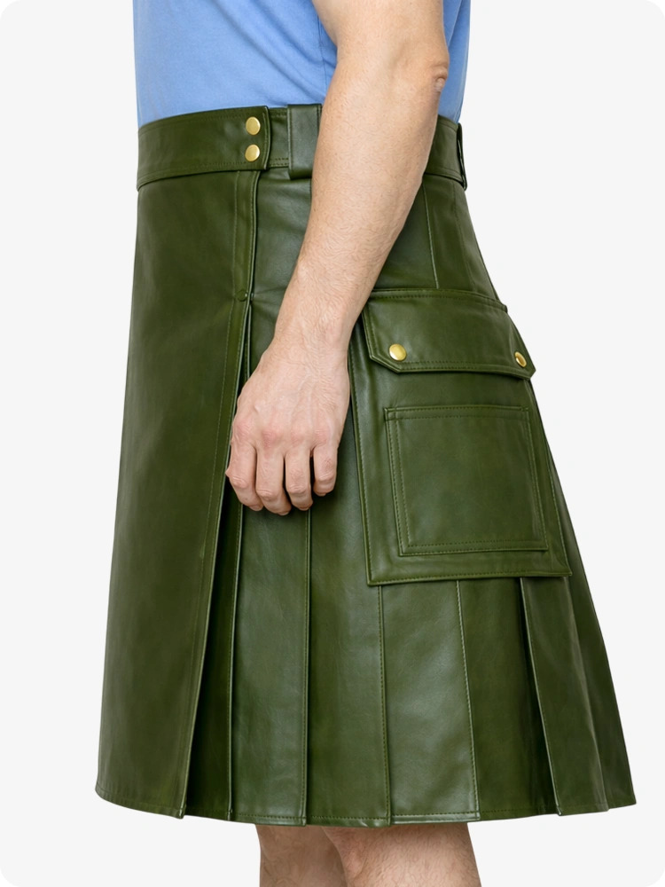 Olive Green Genuine Leather Utility Kilt with Side Pockets