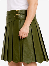 Olive Green pleated skirt with a belt on a white background