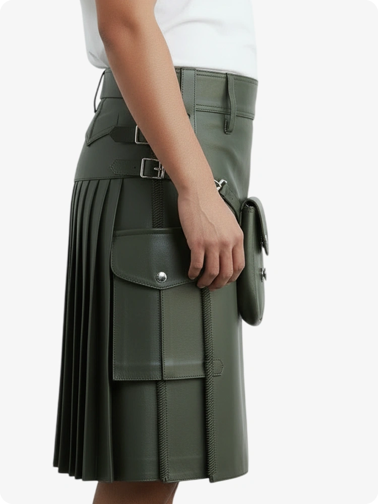 Kilt en cuir plissé vert olive avec passants de ceinture et sangles latérales